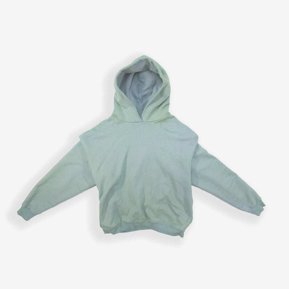 Aqua Round Hoodie with hood and long sleeves.