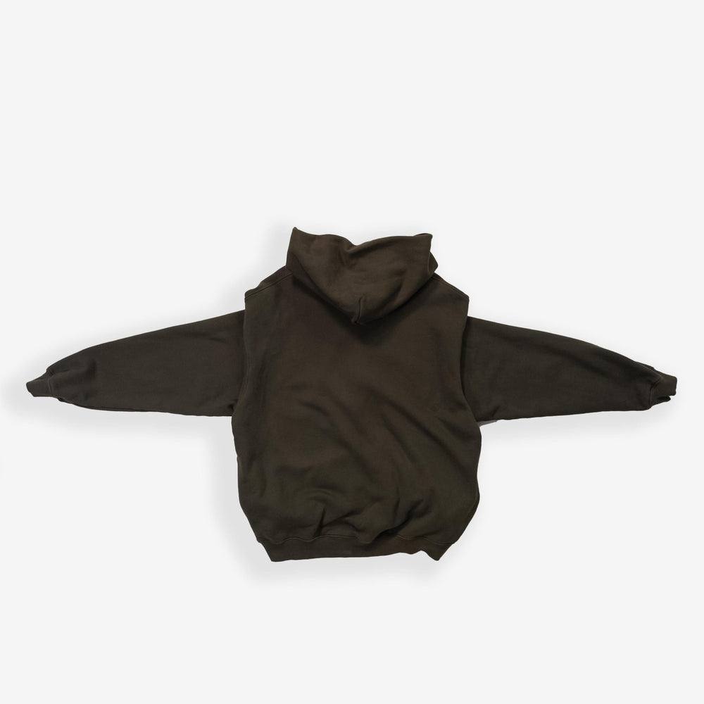 Ashe Zip-Up Hoodie in olive green displayed flat with arms extended.