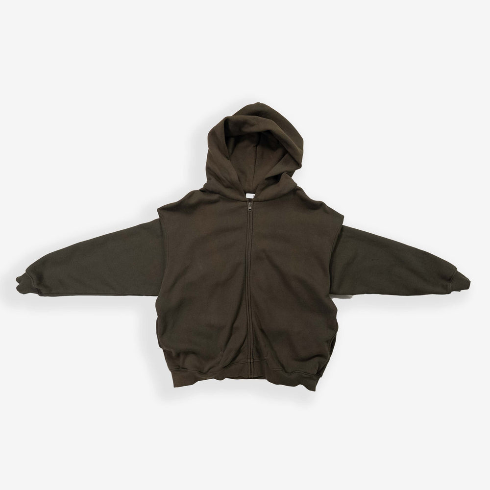 Ashe Zip-Up Hoodie in olive green displayed with arms extended on white background.
