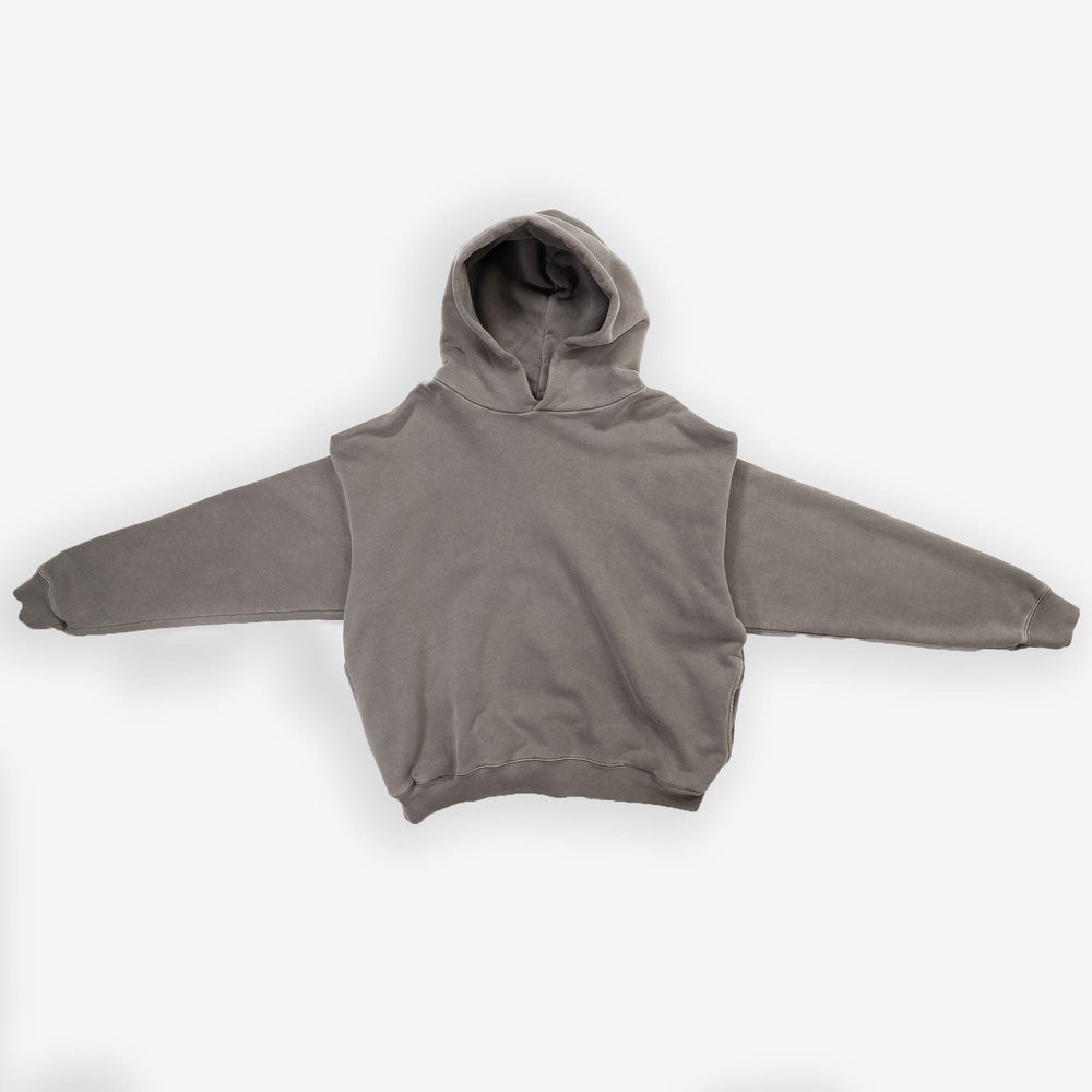 Gray round hoodie laid flat on white background.