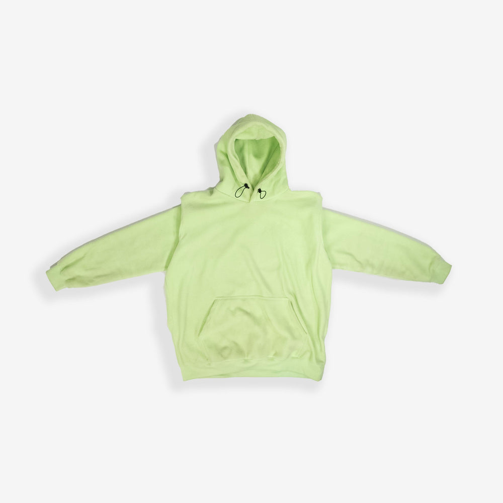 Light green cozy fleece lined hoodie with front pocket and hood.