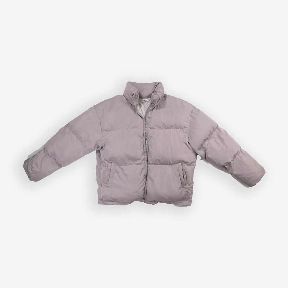 Light gray puff jacket on a white background.