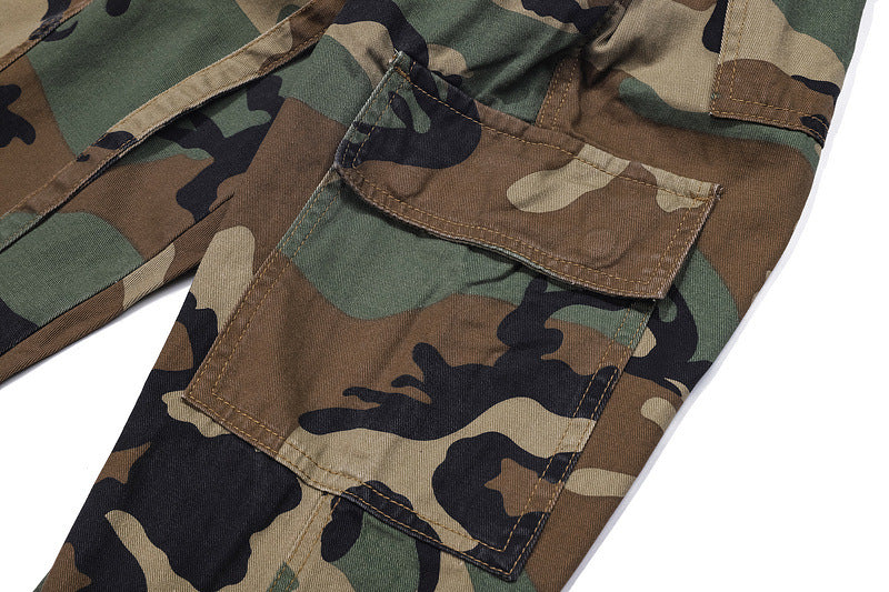 Camo trousers with cargo pocket detail.