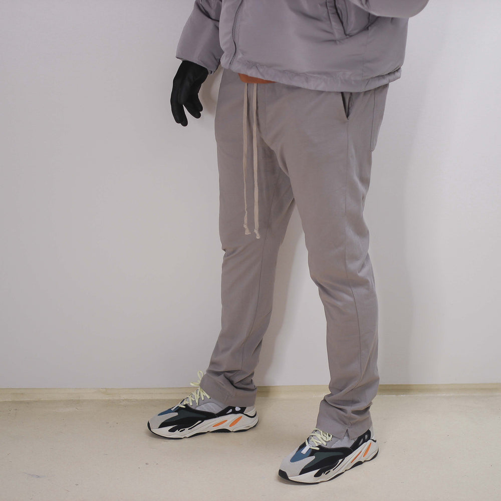 Men's grey drawstring pants.