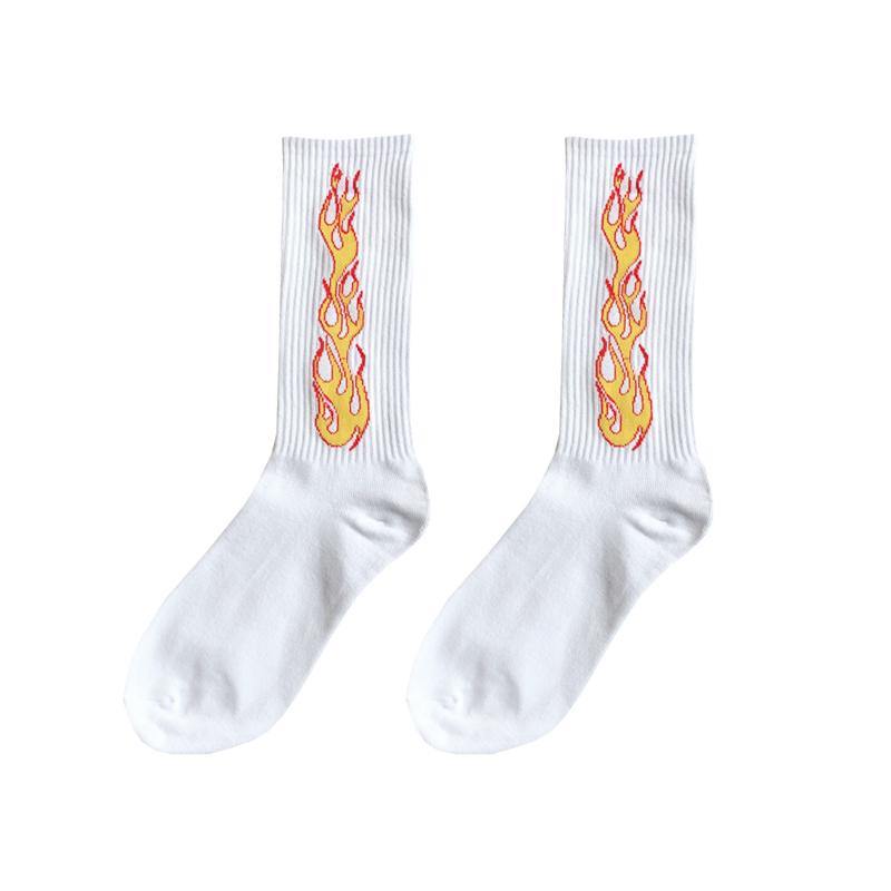 White socks with flame design, suitable for adults up to UK size 11, US size 12.