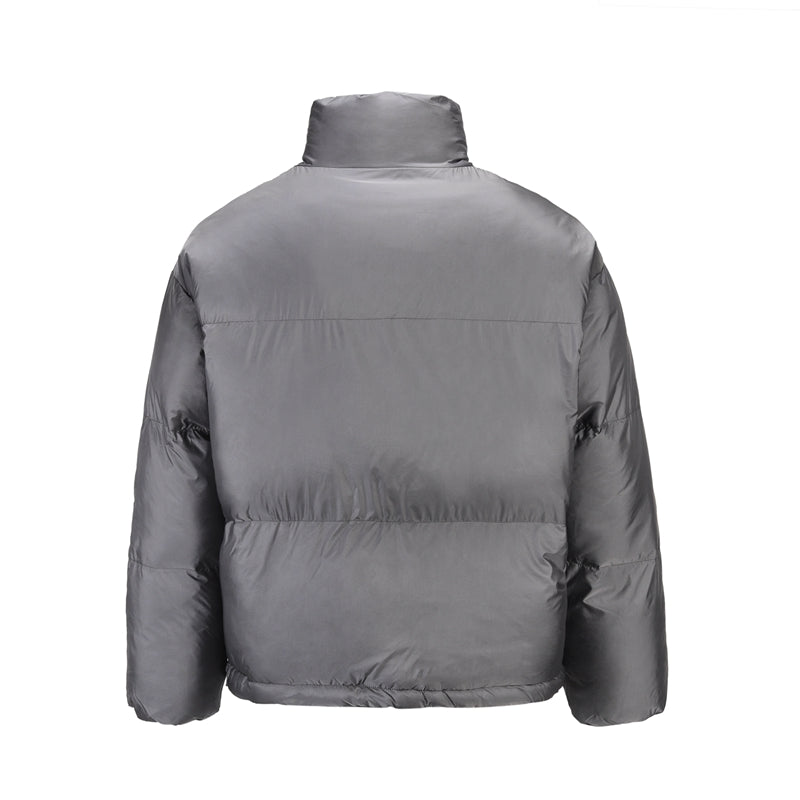 Gray padded round jacket displayed from the back.