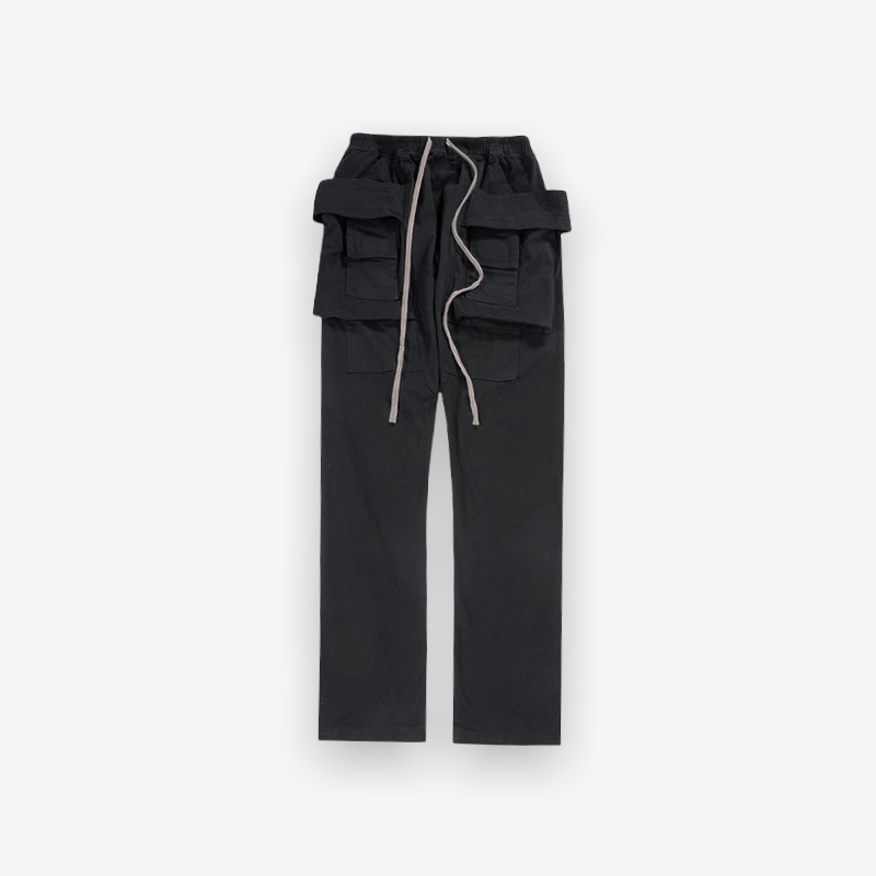 Black slim cargo pant with drawstring and side pockets.