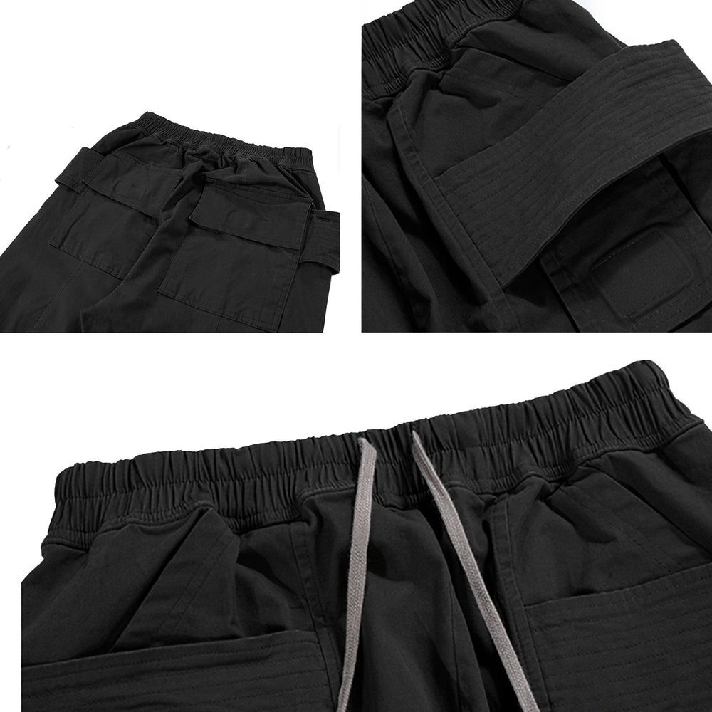 Black slim cargo pant with elastic waistband and multiple pockets.