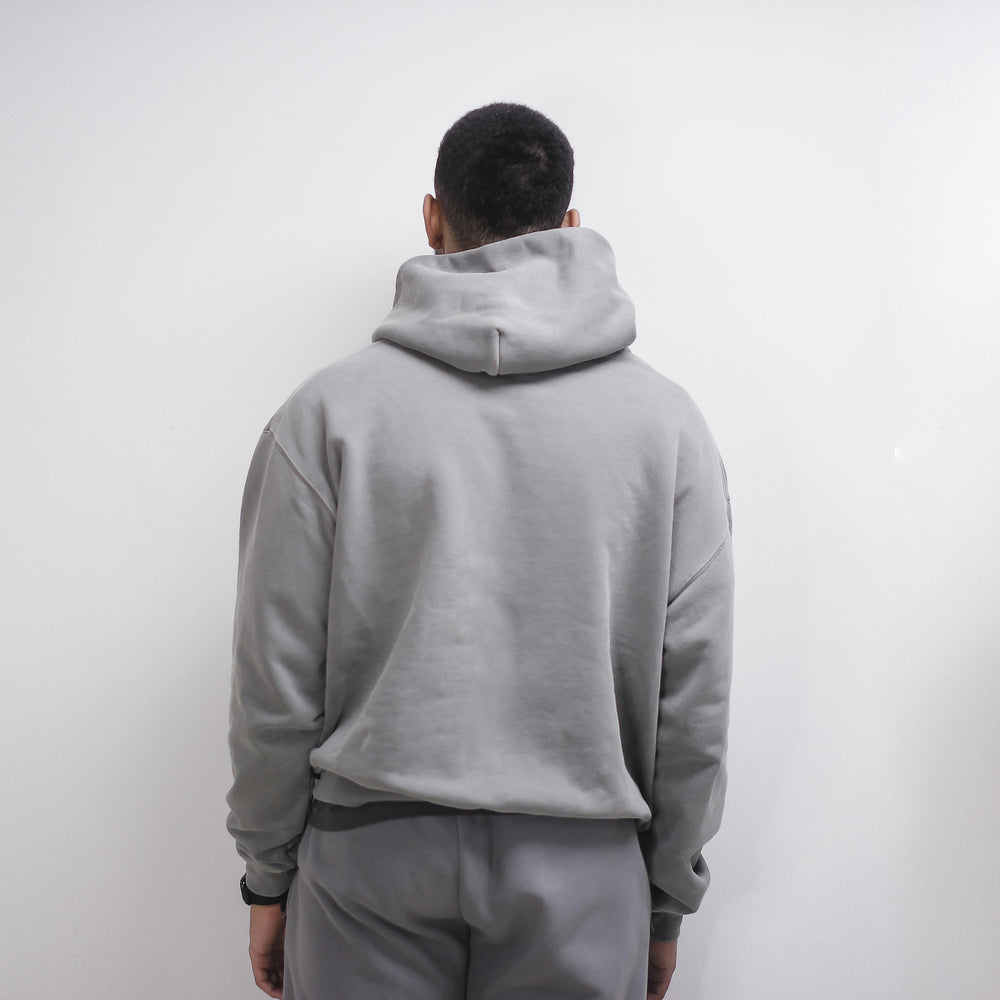 Gray Round Hoodie displayed from the back.