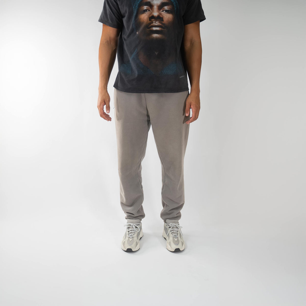 Light Gray Premium Jogger worn by model with black T-shirt and white sneakers.