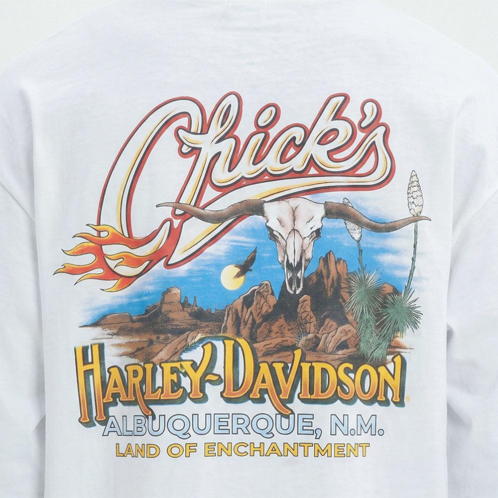 Harley Davidson chicks LS, white, close-up of back graphic, worn on model