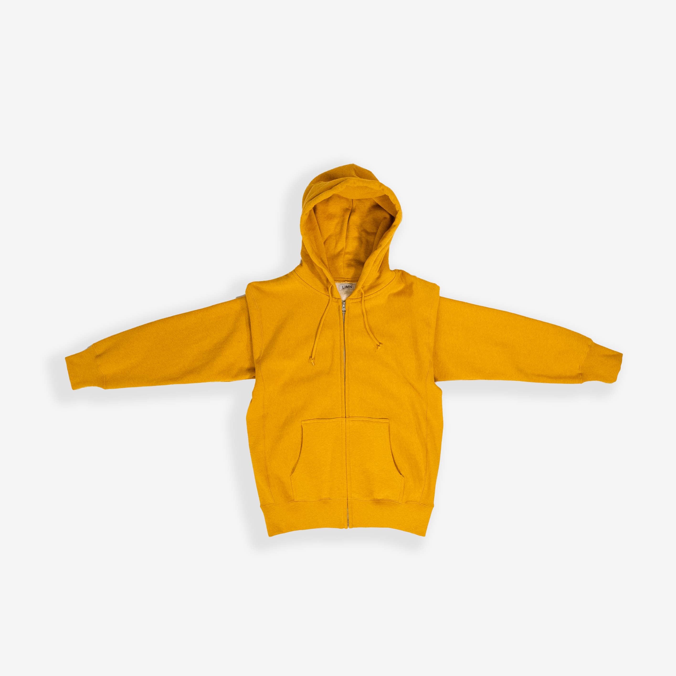 Amber zip-up hoodie laid flat with hood up.