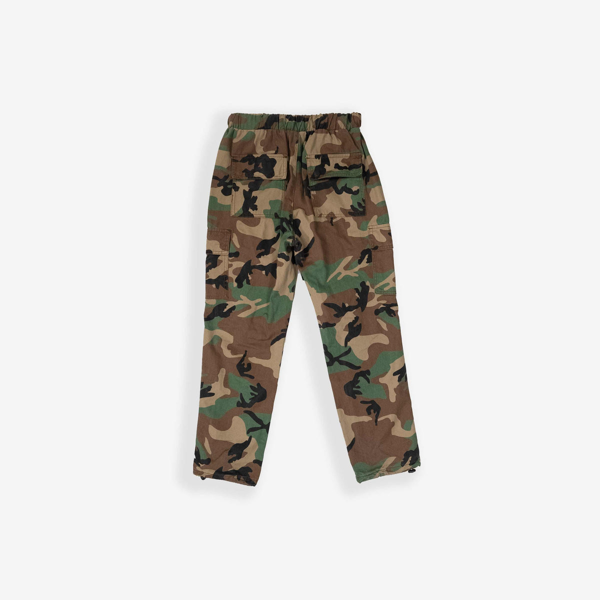 Camo Trousers with classic camouflage pattern on a white background.