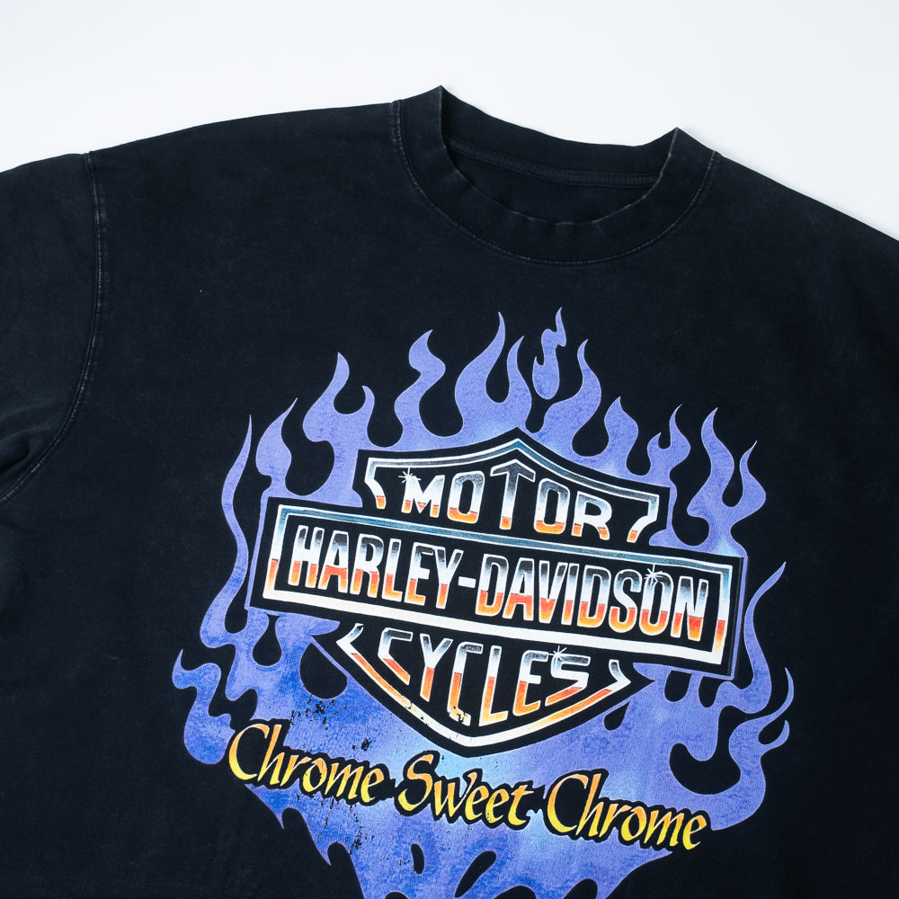 Chrome Sweet Chrome Tee with bold Harley Davidson flame graphics, vintage black finish, and oversized fit.