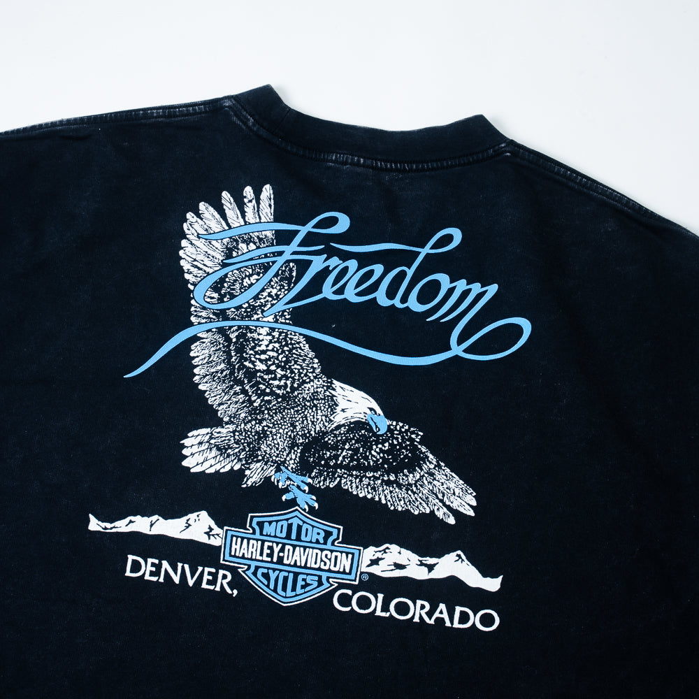 Vintage-washed black Harley Davidson tee with eagle graphic; "Freedom" text and flame design; Chrome Sweet Chrome style.