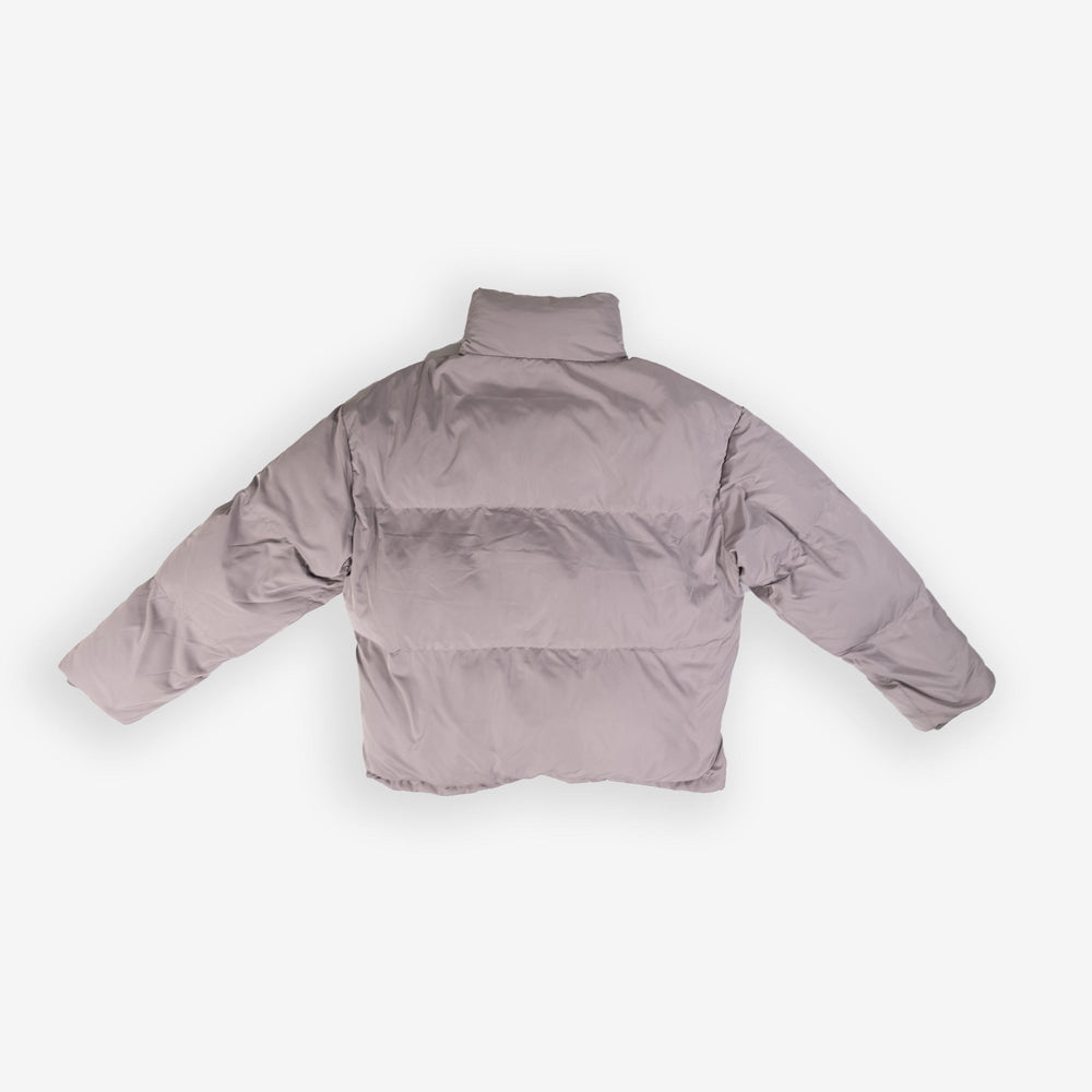 Gray puff jacket on a white background.