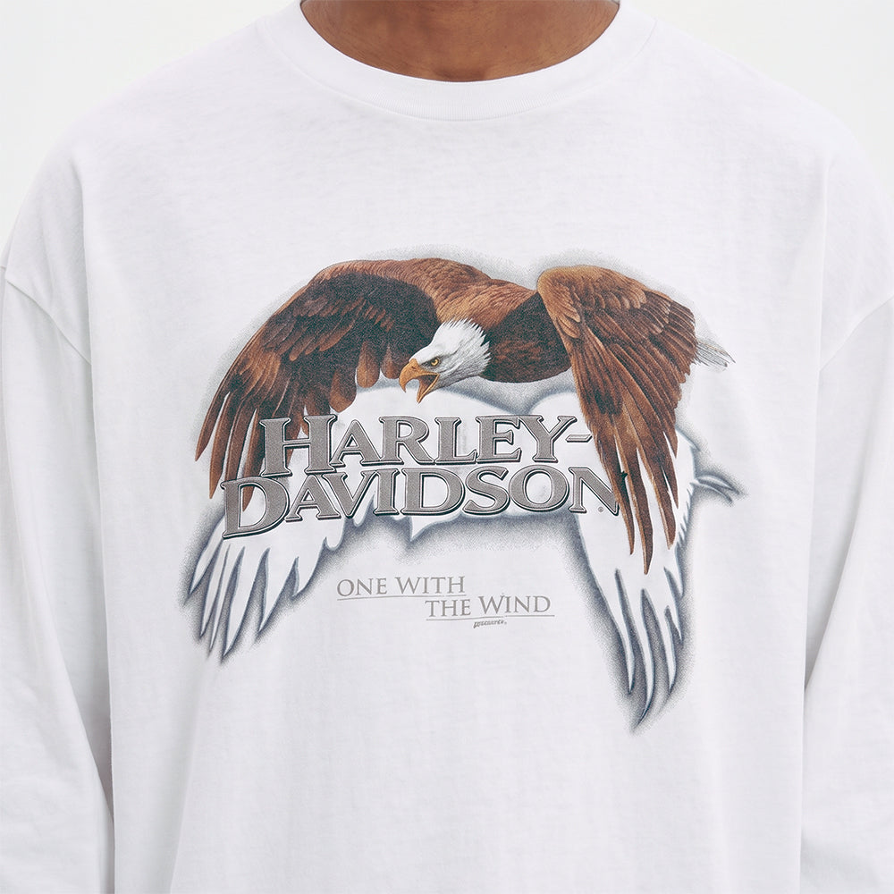 Harley Davidson chicks LS, white, close-up of front eagle graphic, worn on model