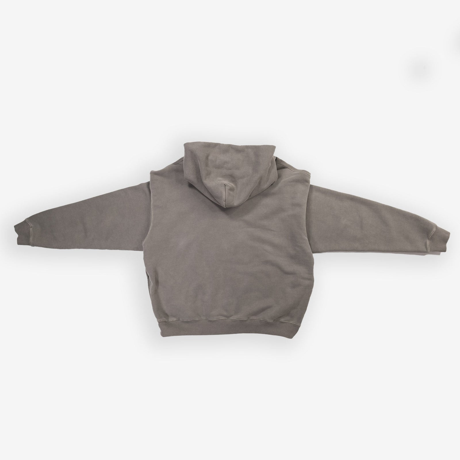 Gray round hoodie laid flat on white background.