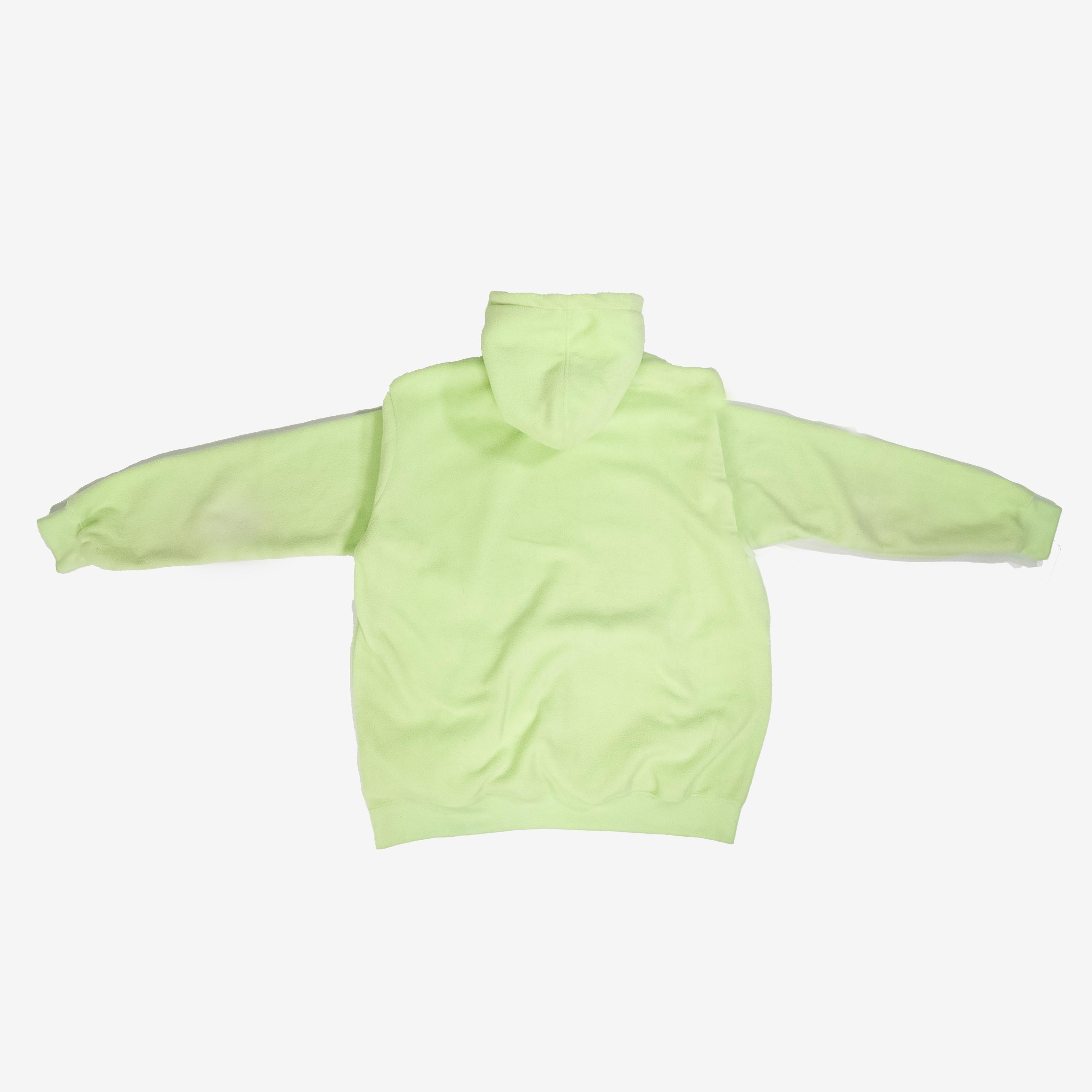 Cozy fleece lined hoodie in light green color, back view.