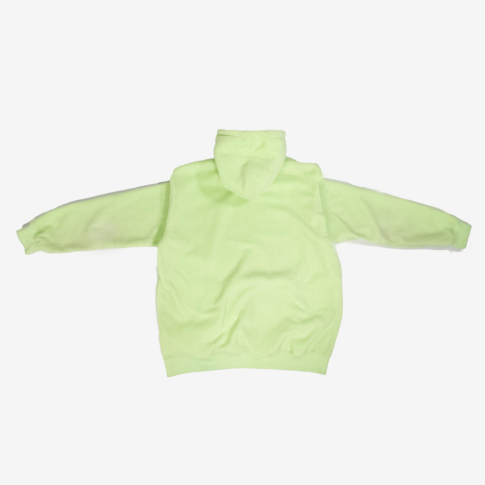 Cozy fleece lined hoodie in light green color, back view.
