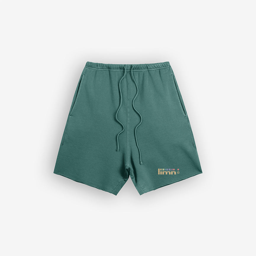 Raw Edge Limn Teal Shorts – Front View, Heavyweight Cotton with Raw Edge and Limn Logo Embroidery