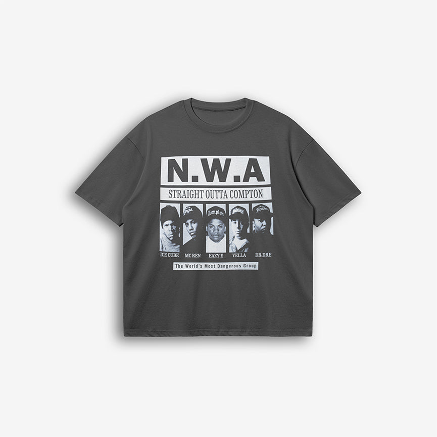 Front view of NWA Compton tee with iconic group graphic on gray oversized cotton t-shirt