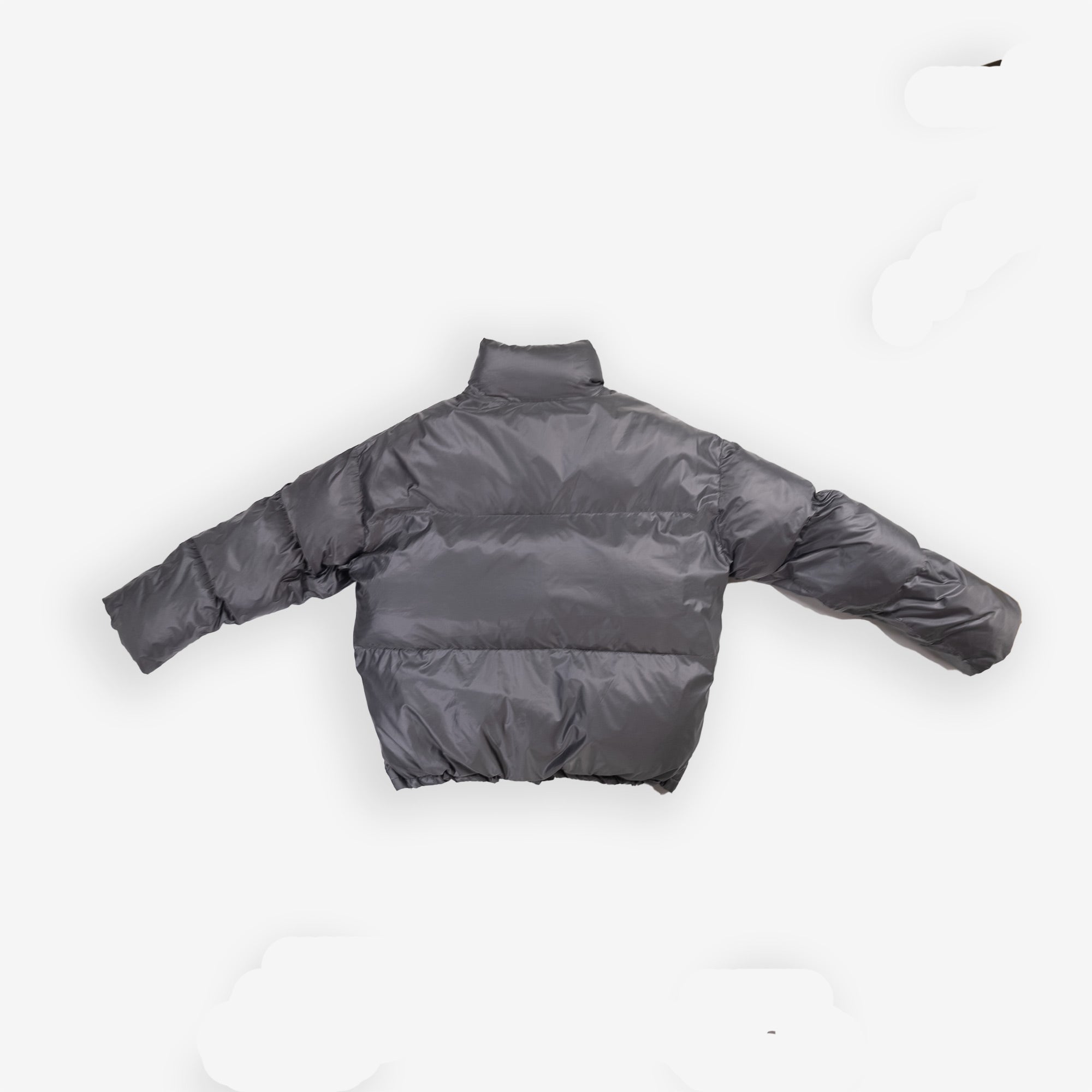 Padded Round Jacket in dark fabric, back view.