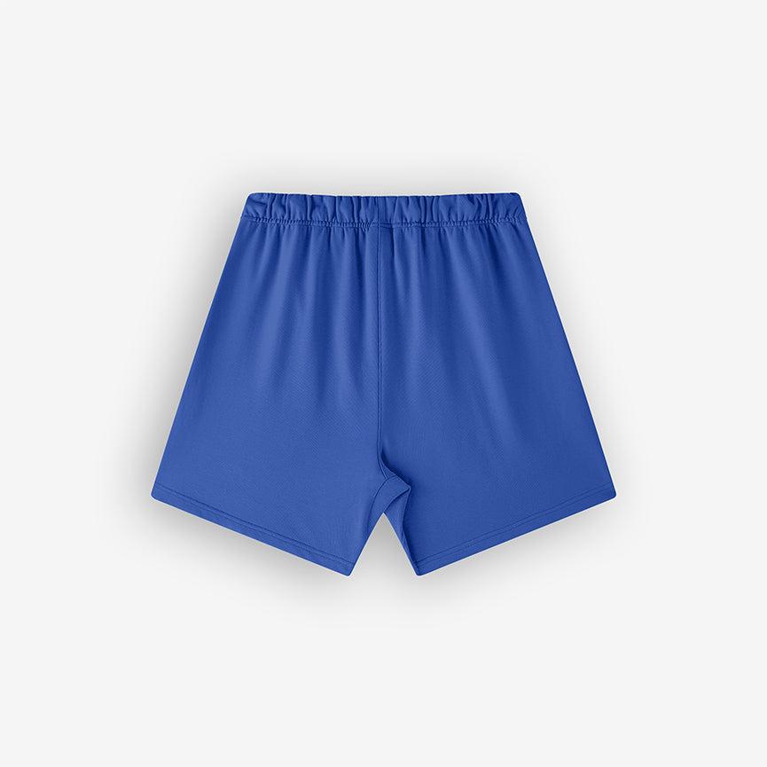 Cerulean Blue Fleece Shorts – Back View, Plain Cerulean Blue Shorts on Off-White Background with Shadow