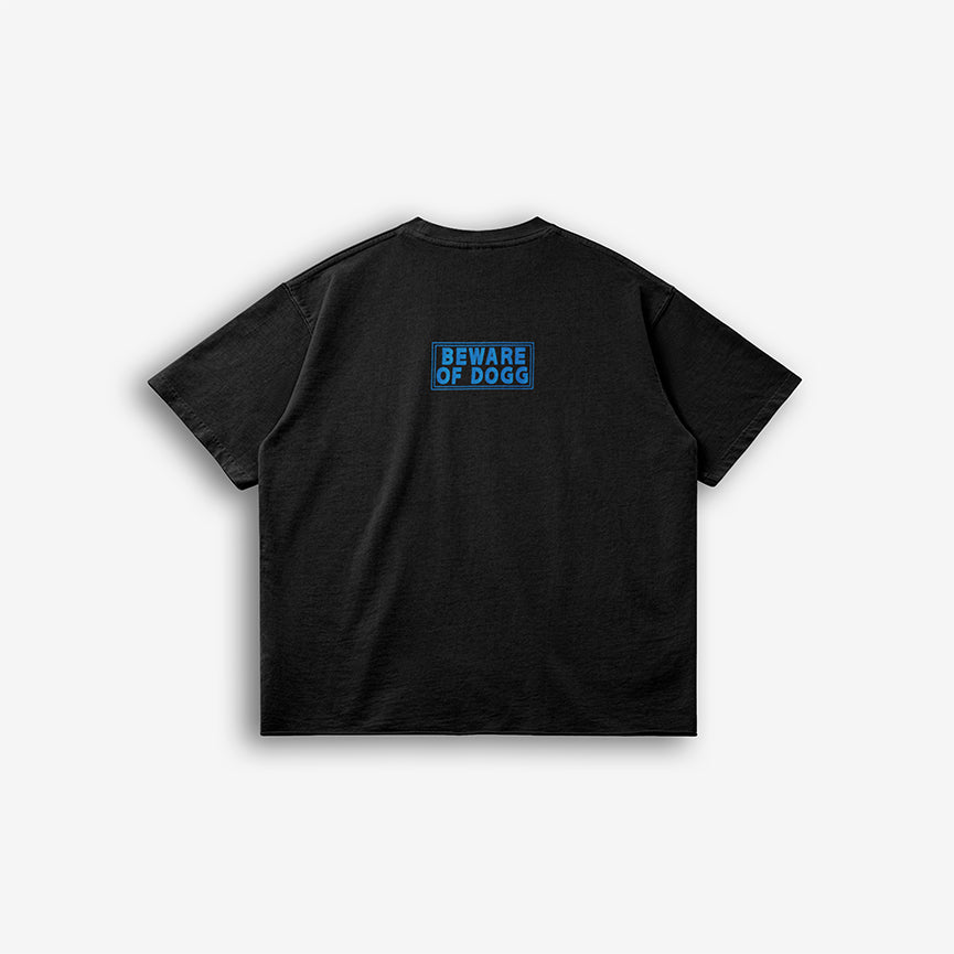 Beware of the Dogg Tee – Back view with bold "Beware of Dogg" graphic in blue on a black oversized tee.