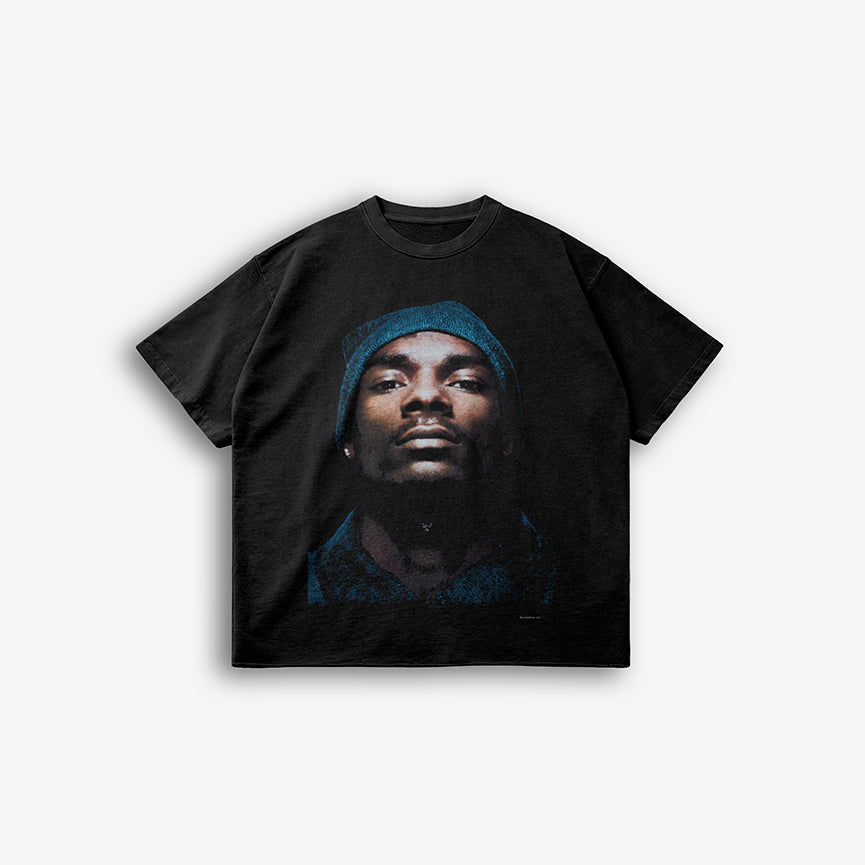 Beware of the Dogg Tee – Front view showcasing Snoop Dogg’s portrait on a black oversized t-shirt.