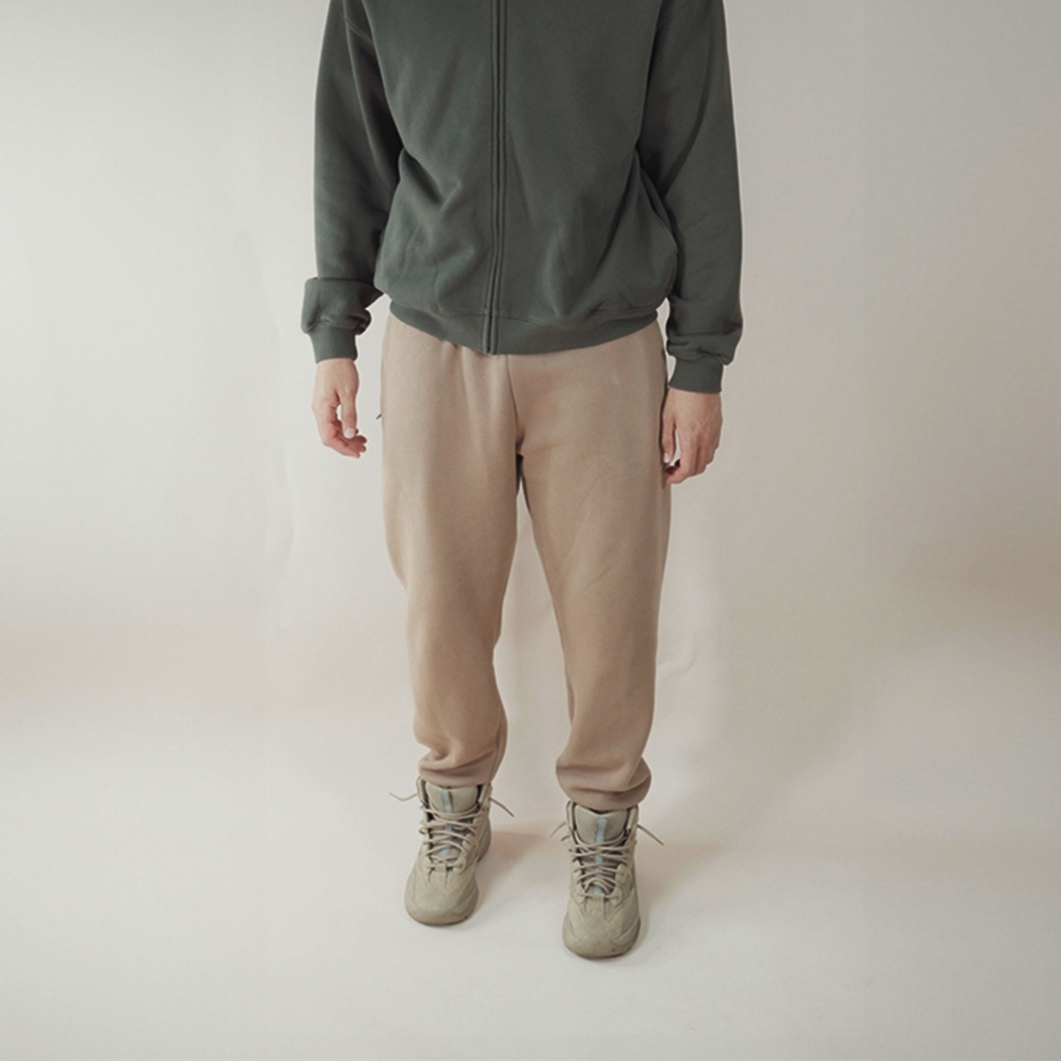 Tan premium joggers with a relaxed fit.