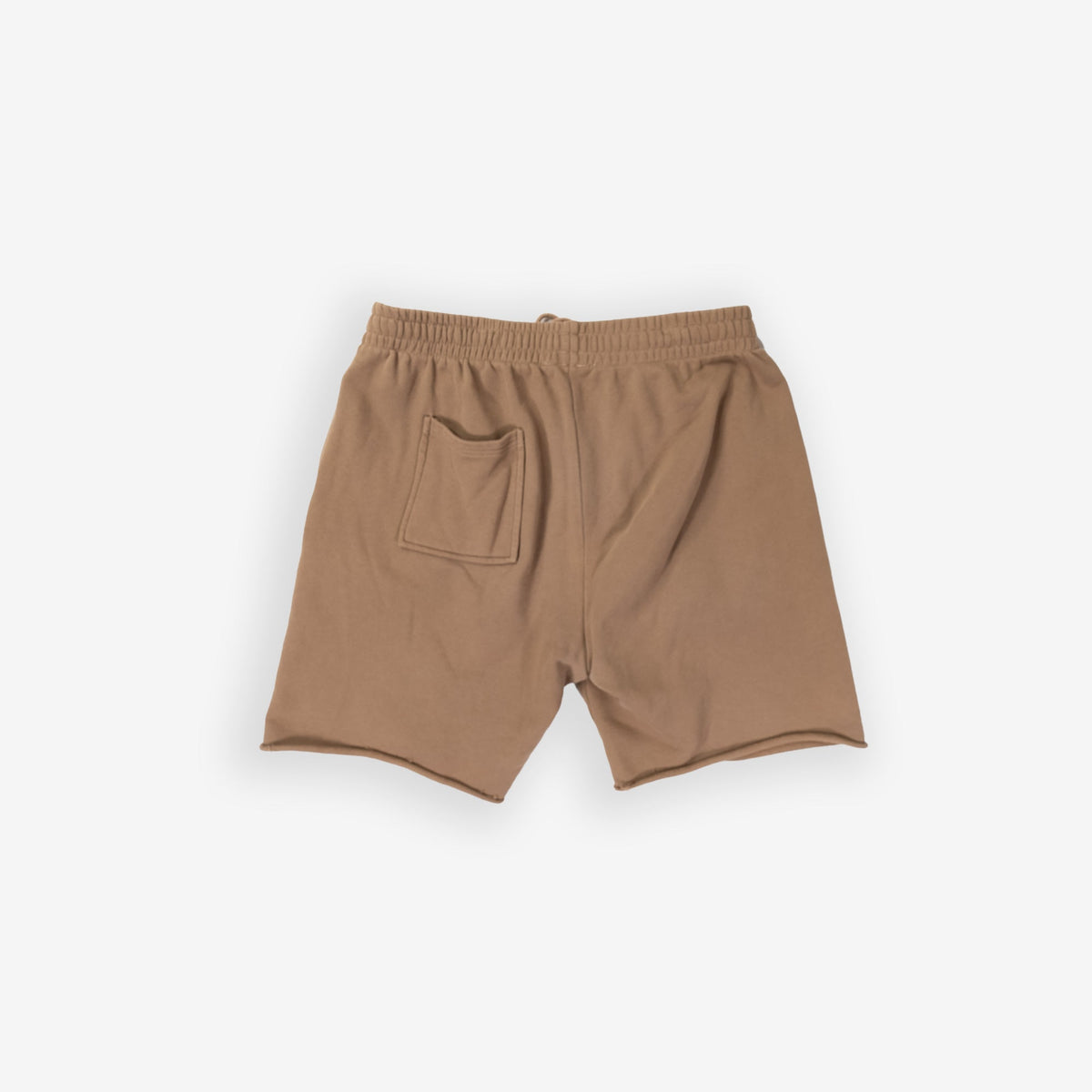 Camel shorts with elastic waistband and back pocket on a plain background.