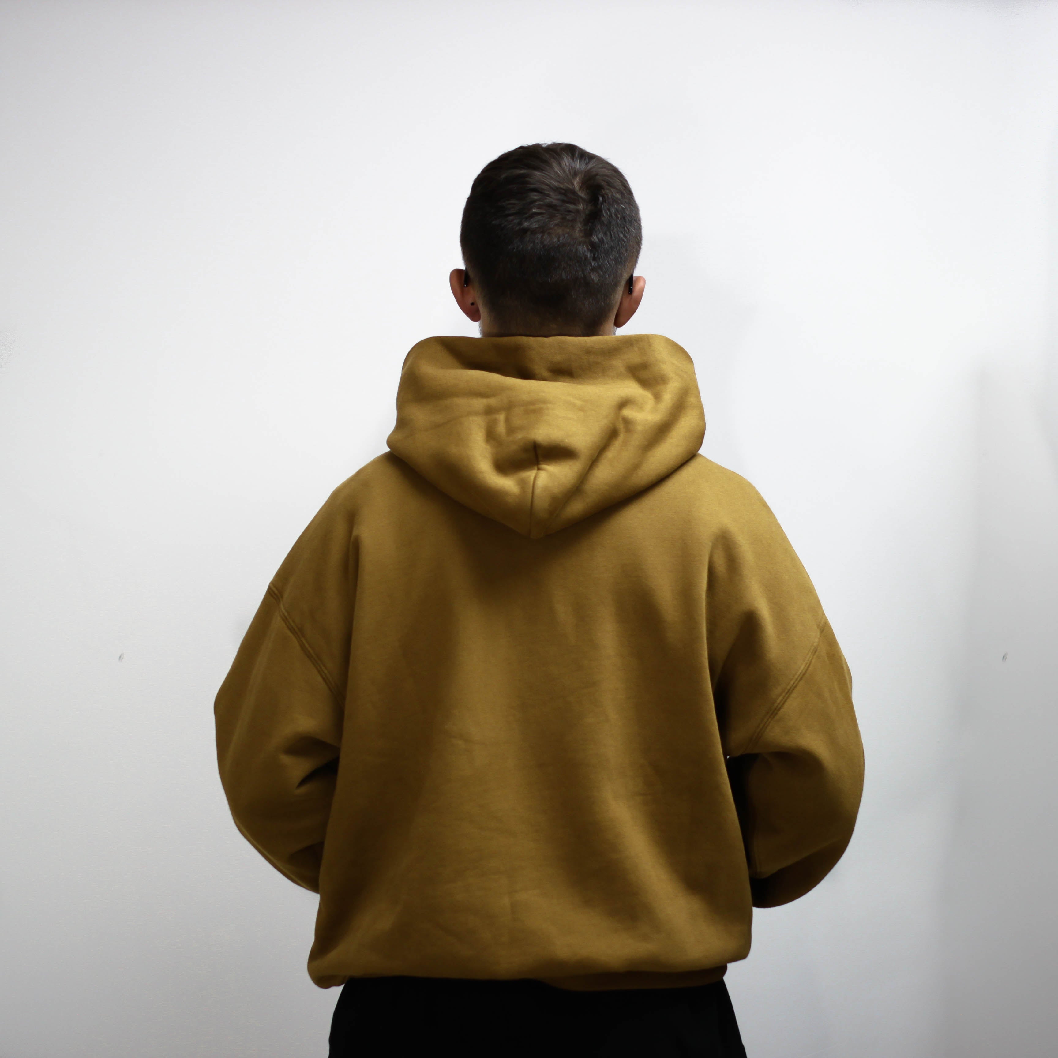 Brown double layer hoodie viewed from the back.