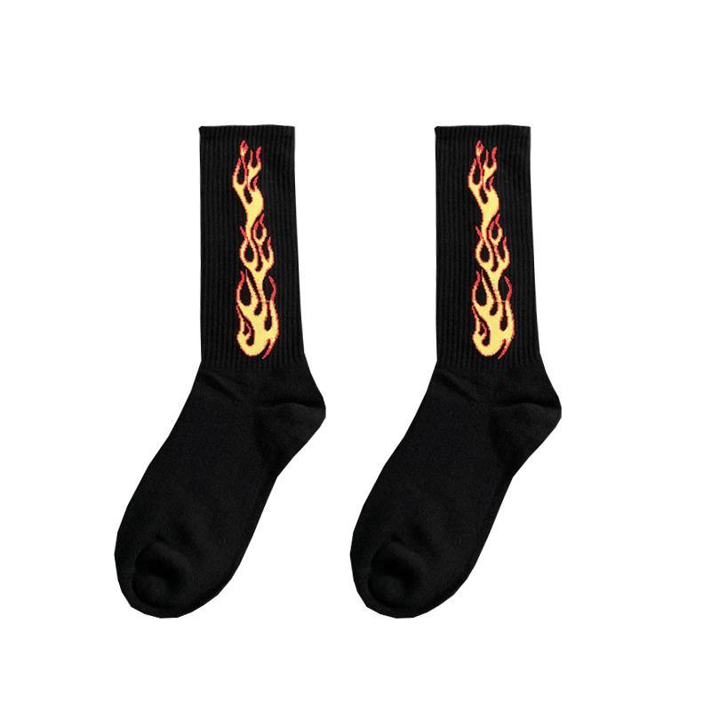 Black socks with vibrant flame design, one size fits all up to UK 11- US 12.