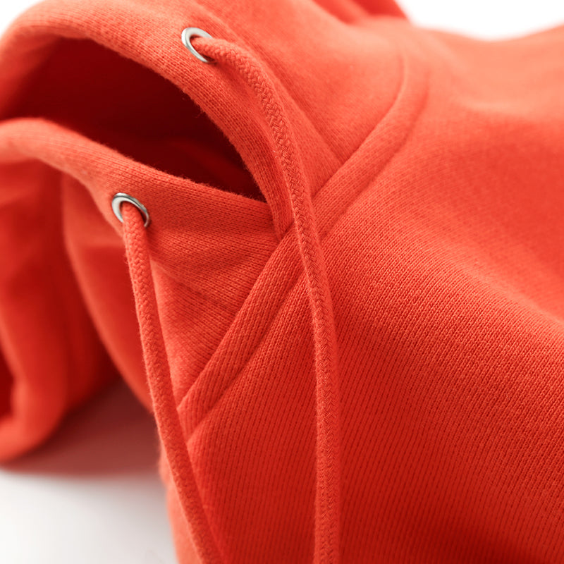 Bright orange infrared hoodie with drawstring detail.