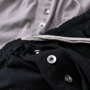 gray and black cotton draw string pant, button fly