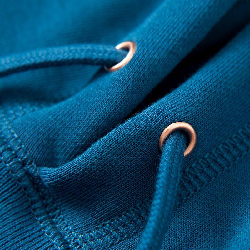 Sapphire Blue hoodie fabric with drawstring detail.