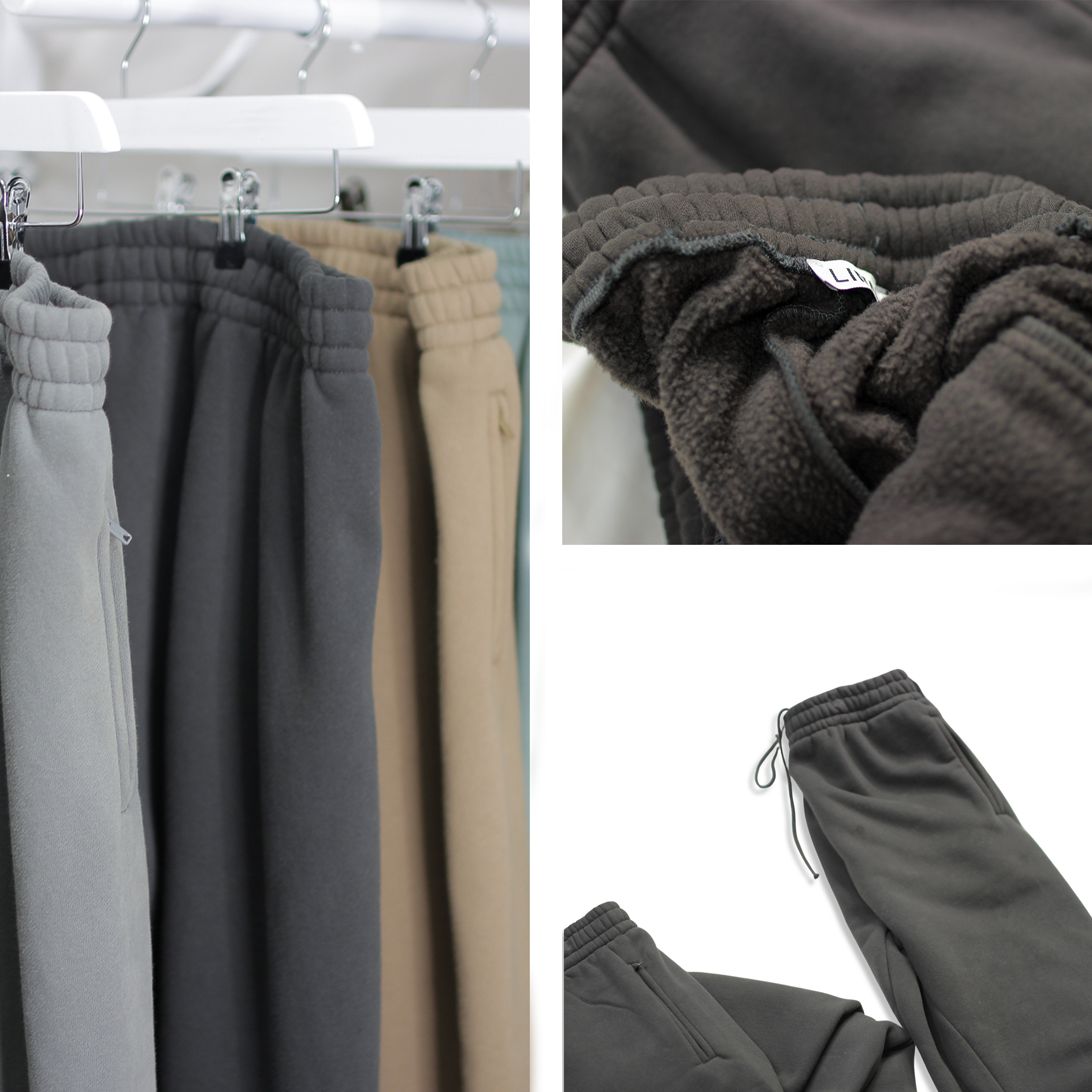 Core Gray Premium Jogger pants on display with close-up of elastic waistband and fabric texture.