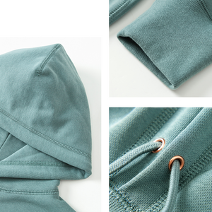 Azure Blue Hoodie with bronze lancelets, fine stitching details, cuff, folded hood