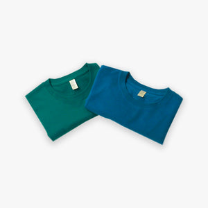 two folded up t-shirts, cobalt green, sapphire blue, made from thick korean cotton high GSM short sleeve