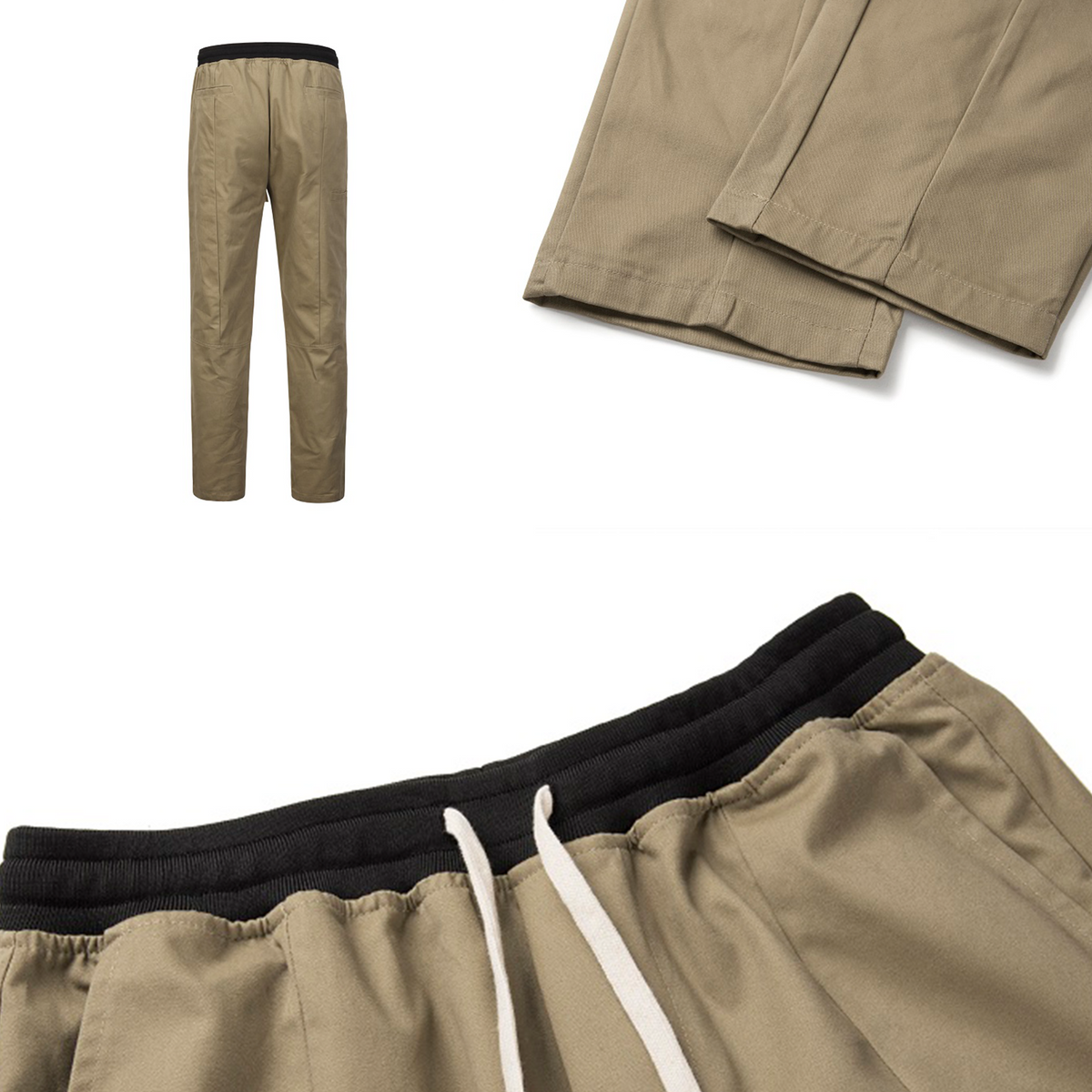 Khaki drawstring trousers with black waistband and detailed stitching.